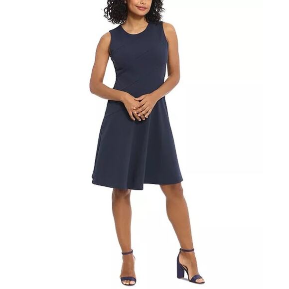 London Times Sleeveless Fit & Flare Dress Women's 6 Navy Blue Knee Length NWT - Picture 1 of 10